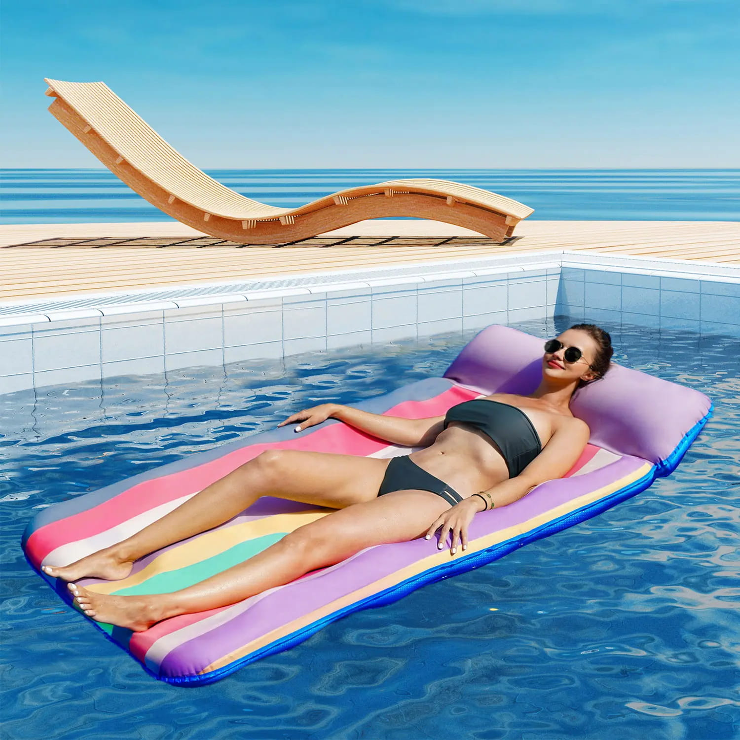 72" × 38" Adult Pool Lounge Float – Soft Fabric-Covered Inflatable Float Chair with Cooling Water Pocket